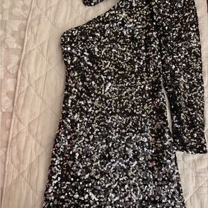 Zara Black and Silver Sequin One Shoulder Dress